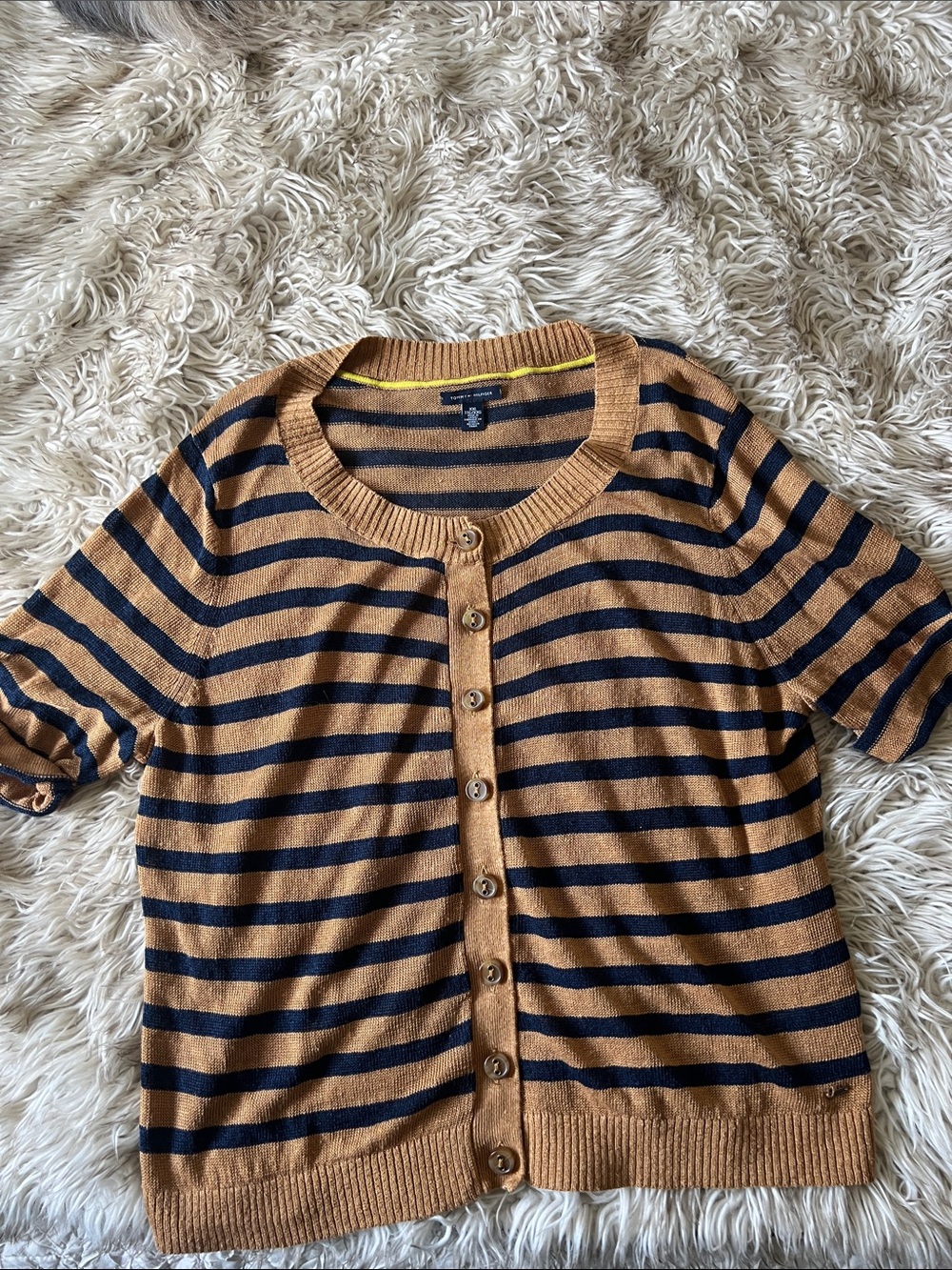 Tommy Hilfiger Brown and Navy Striped Button-Up Short Sleeve Cardigan